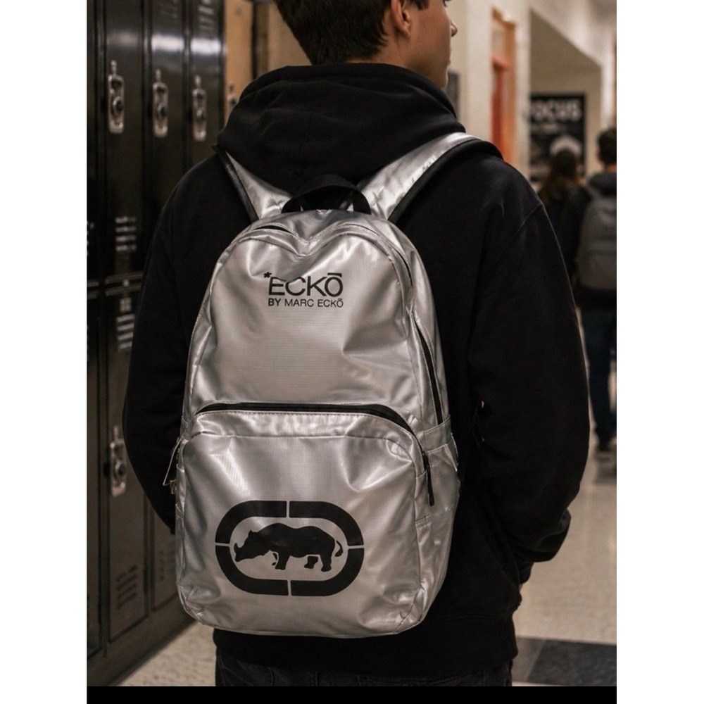Ecko by Marc Ecko silver metallic backpack iconic black rhino logo front pocket